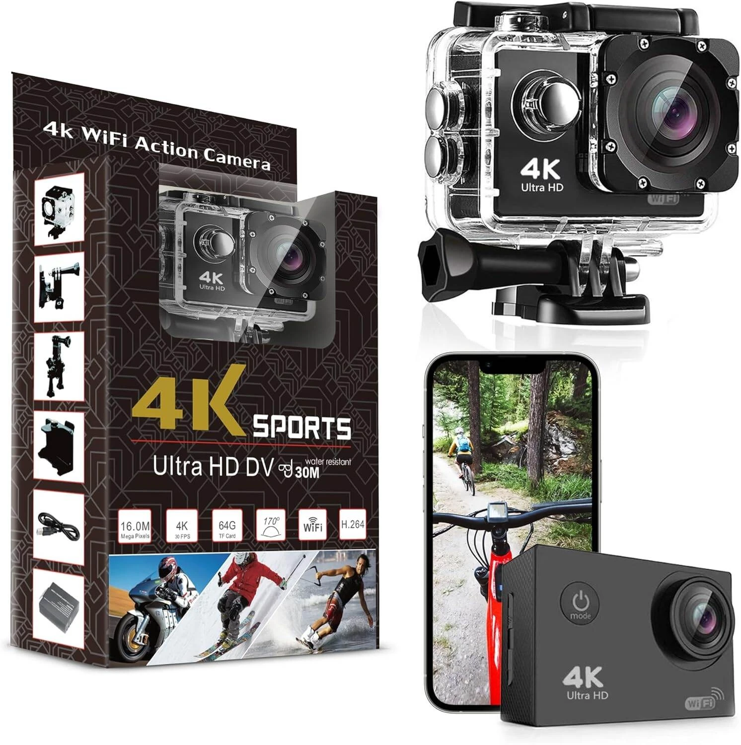 4K Ultra HD Sports Action Camera 16MP – 30M Waterproof, WiFi & 170° Wide Angle Lens