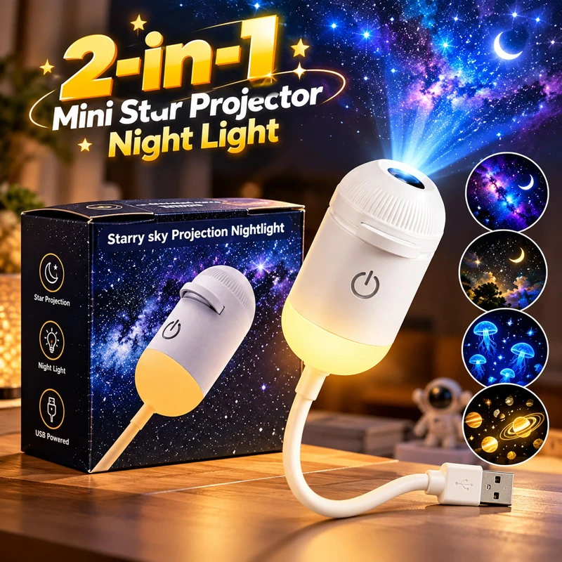 2-in-1 USB Mini Galaxy Star Projector Night Light | 360° Flexible Bedside Lamp with 12 Disks