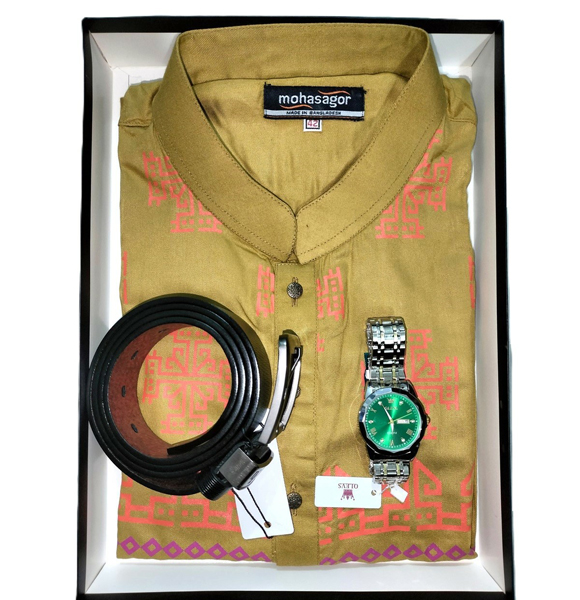 Cotton Printed Punjabi + Premium Watch + Leather Belt Combo Pack