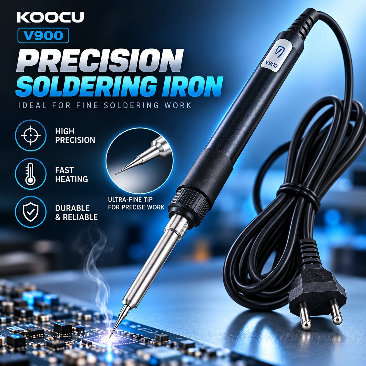 KOOCU V900 Precision Micro Soldering Iron – 200-480°C Adjustable Temperature, Ceramic Heating Core & EU Plug