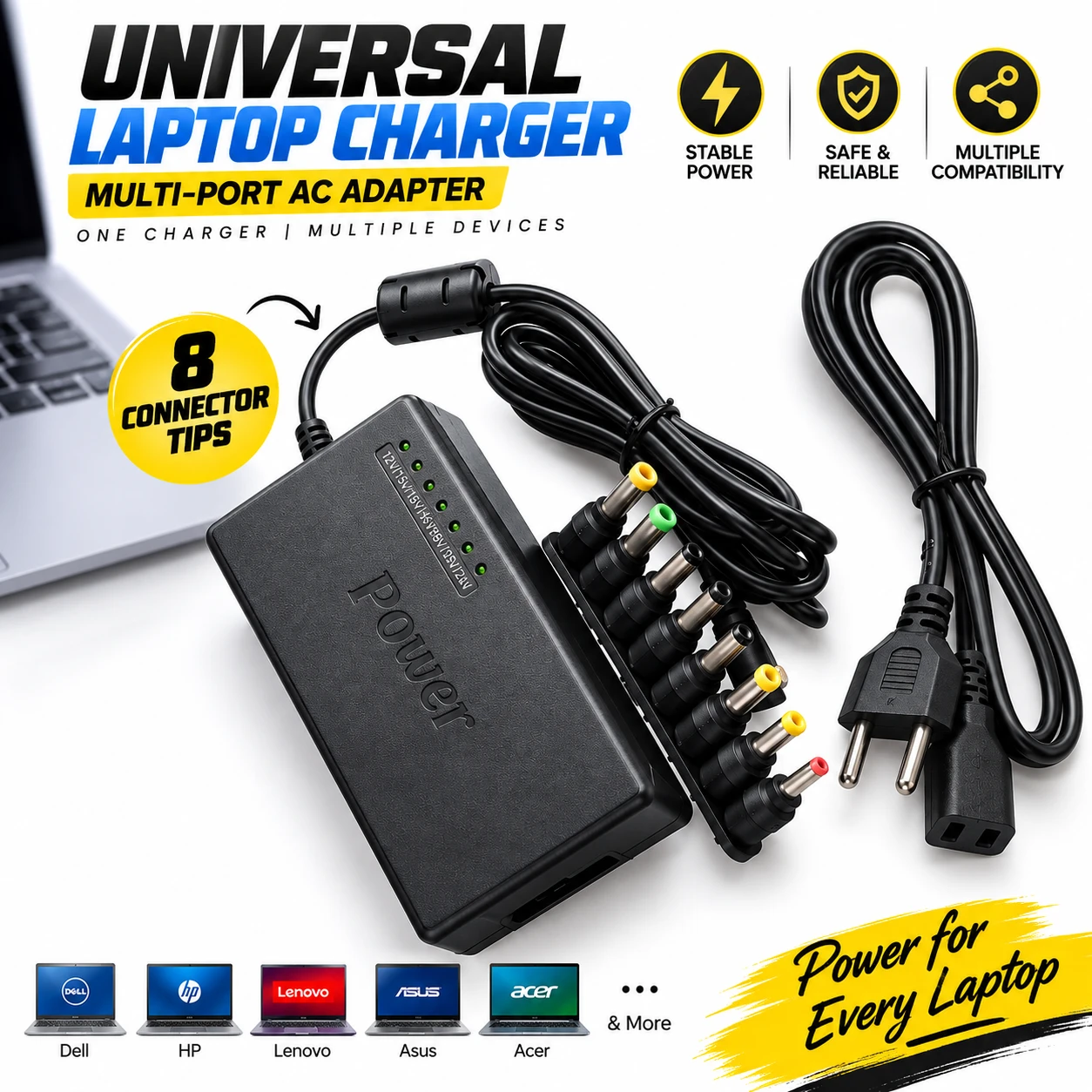 Universal Laptop Charger AC Adapter with Multiple Connector Pins – 100V-240V