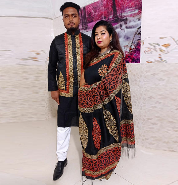 Combo of Blue Saree and Panjabi for Couple - Cut Price BD