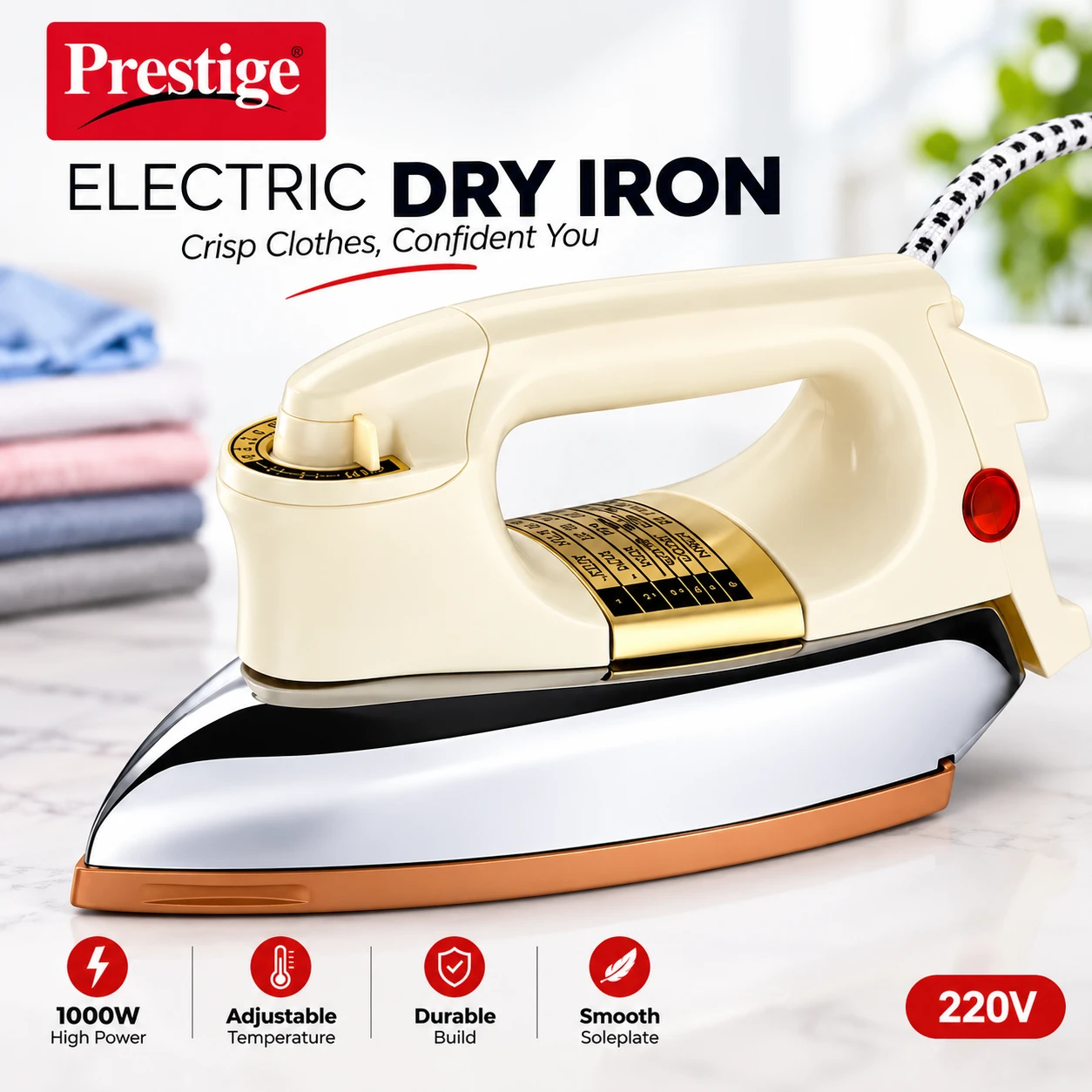 Prestige Heavy Body Dry Iron 1000W with Non-Stick Soleplate & Adjustable Temperature Control