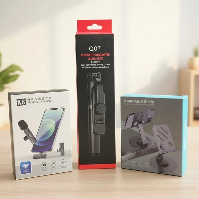 Smart Vlogger Combo K8 Wireless Mic + Q07 Selfie Stick + 360° Phone Stand