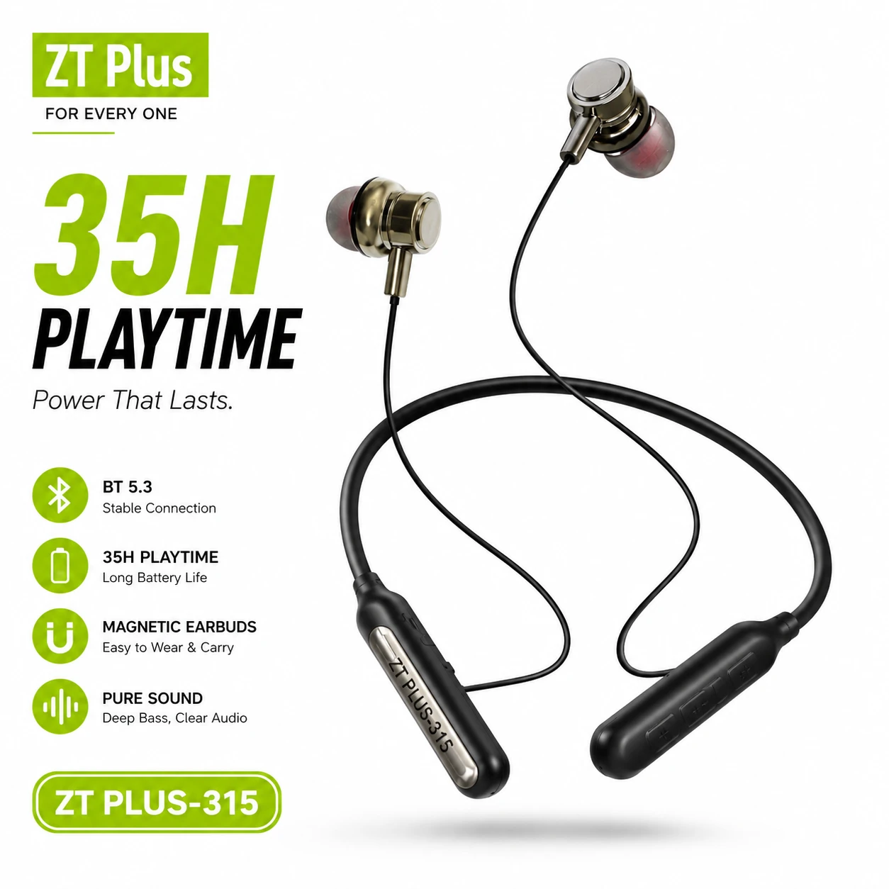 ZT Plus-315 Wireless Neckband Earphone – Bluetooth 5.3, 35H Battery & Magnetic Control