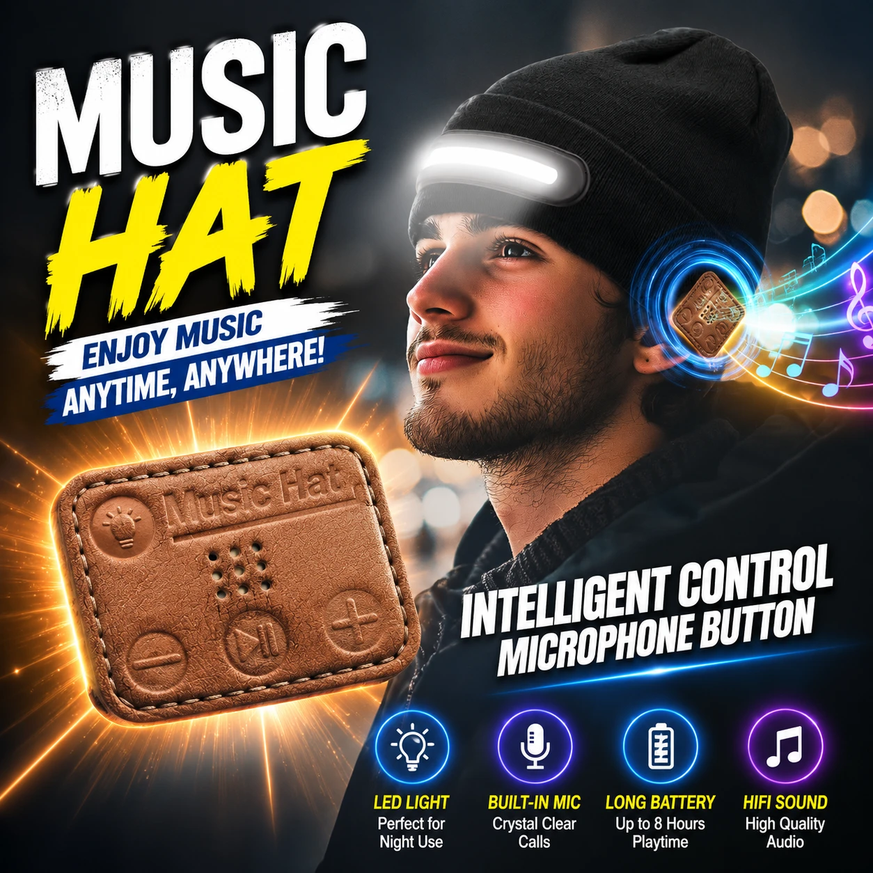 M1-BTD3 Rechargeable LED Beanie Hat with Bluetooth 5.4 Headphones, 1200lm Headlamp & 3 Light Modes