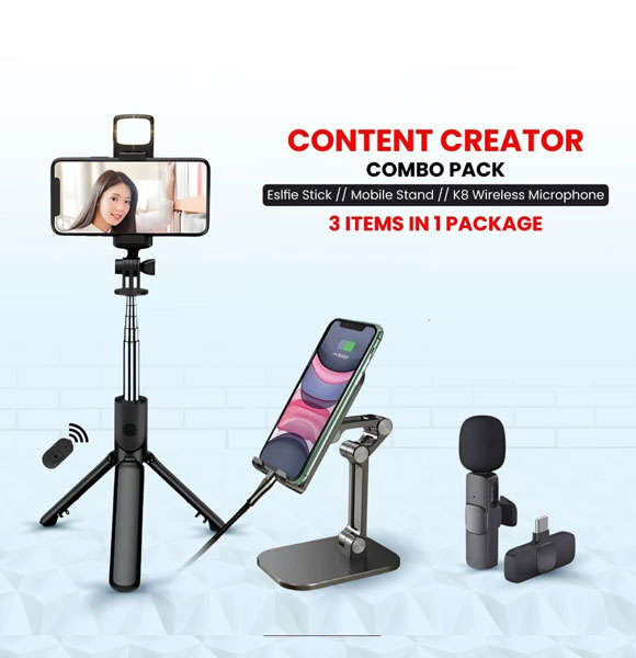 Content Creator Combo Pack (Video Stand, Portable Desktop Phone Stand, Wireless Microphone)