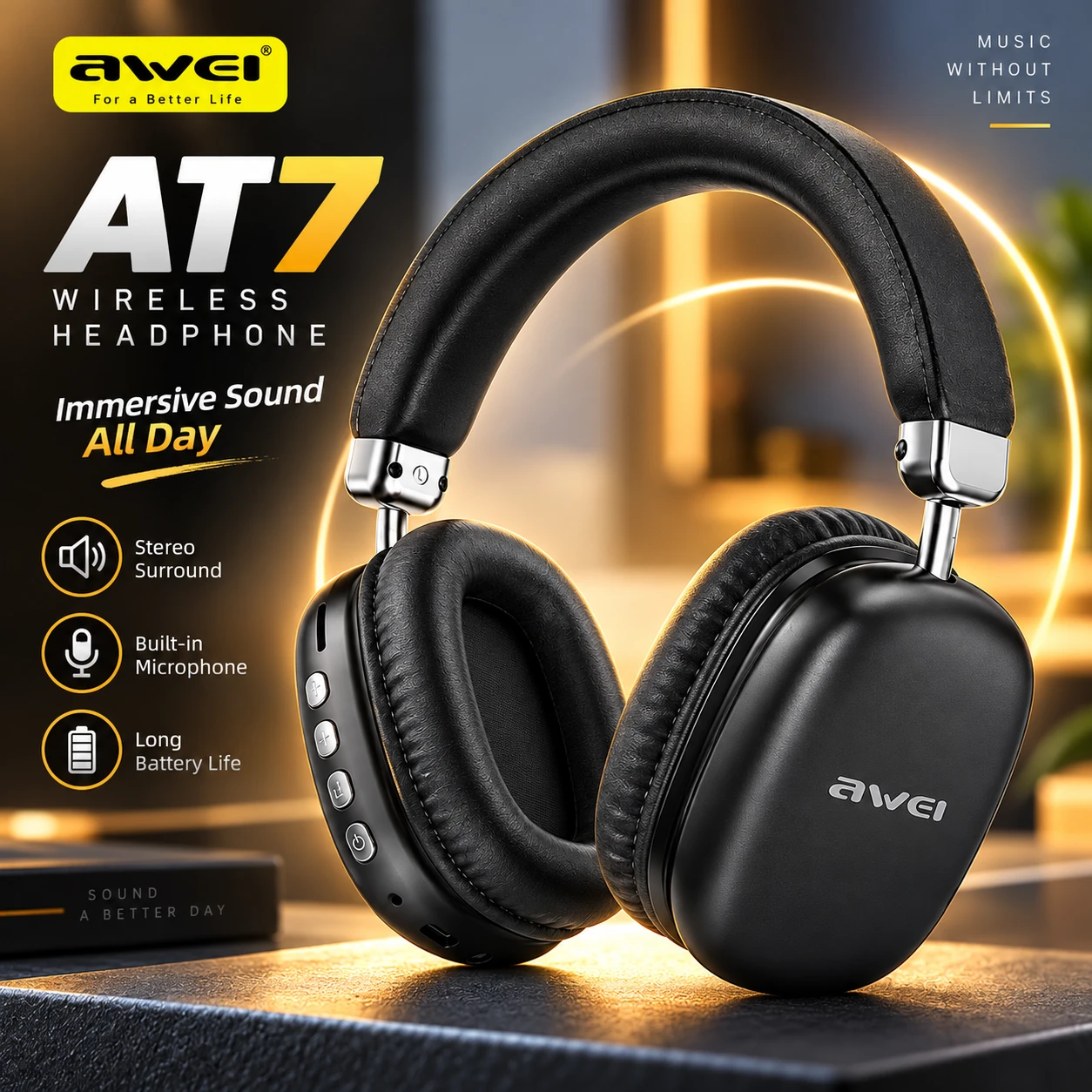 Awei AT7 Wireless Headphones – Bluetooth 5.4, 70H Playtime, 40mm Drivers & Type-C
