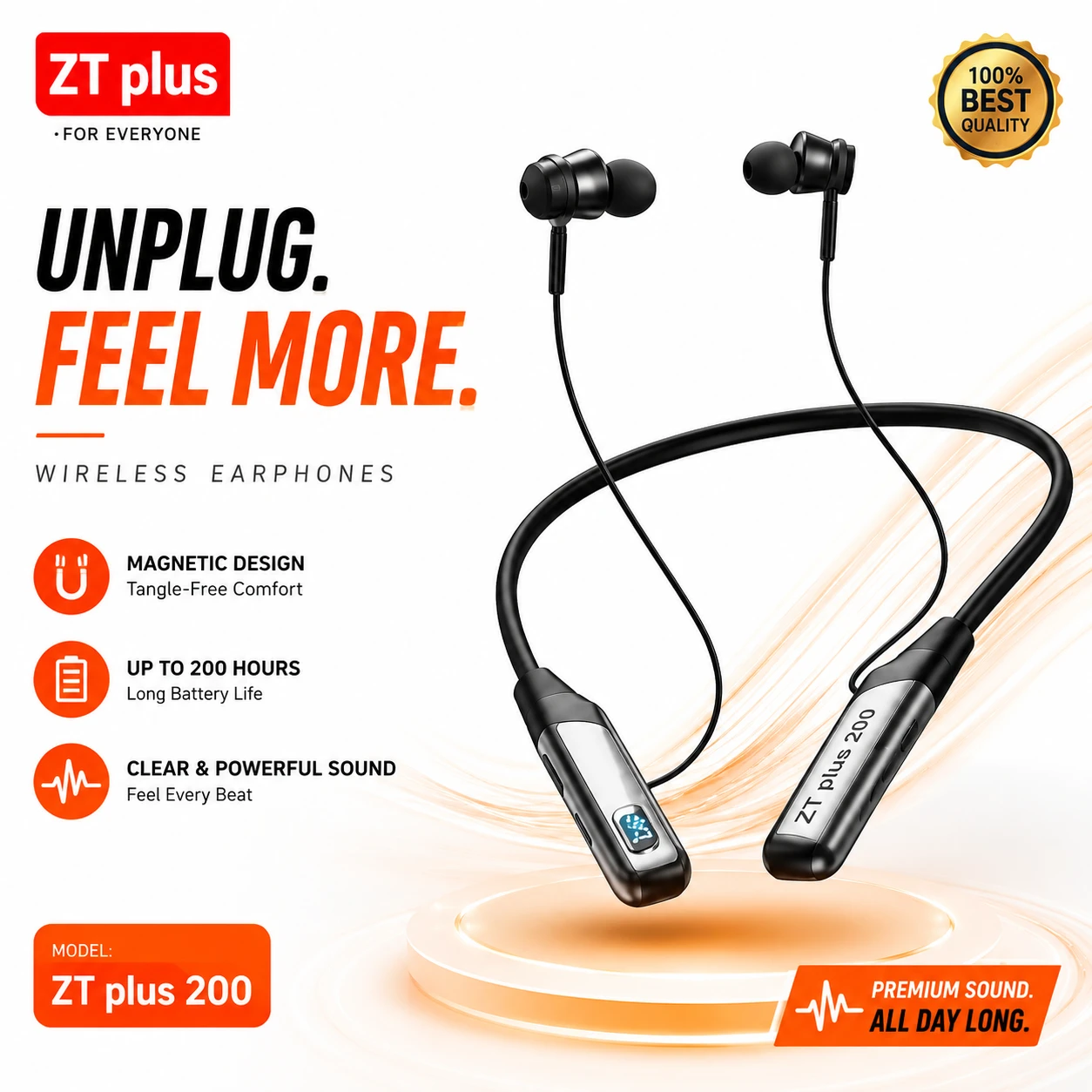 ZT Plus Wireless Neckband Headset – 200H Battery Backup, LED Display, TF Card & Magnetic Earbuds