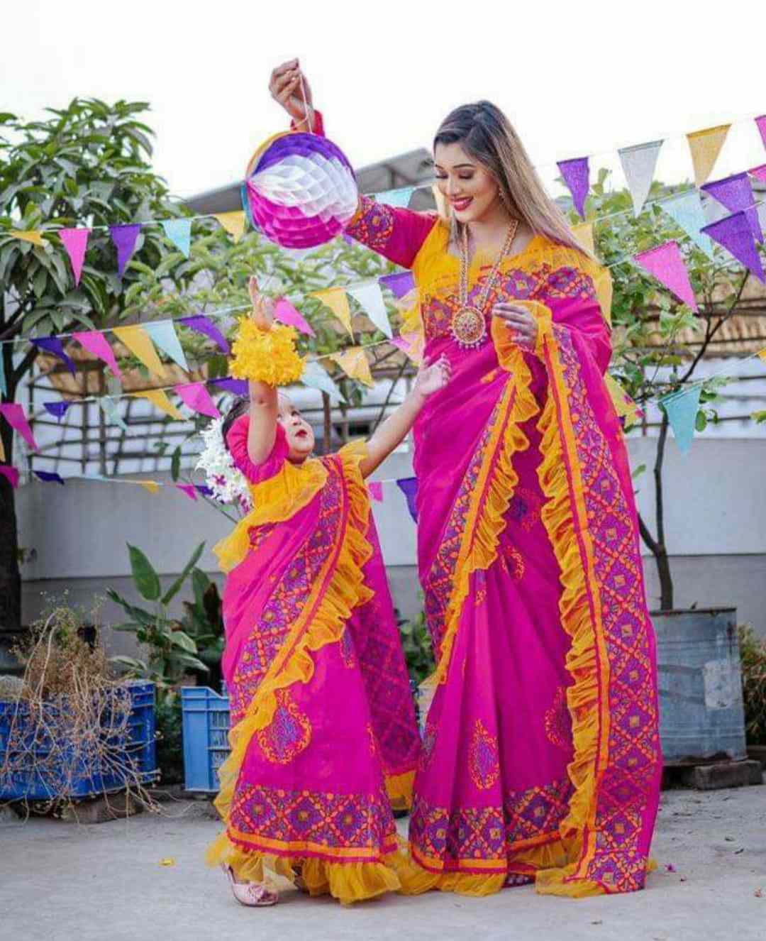 Puja Special Printed Hulf Silk Family Dress (Mom& Baby) GM-110