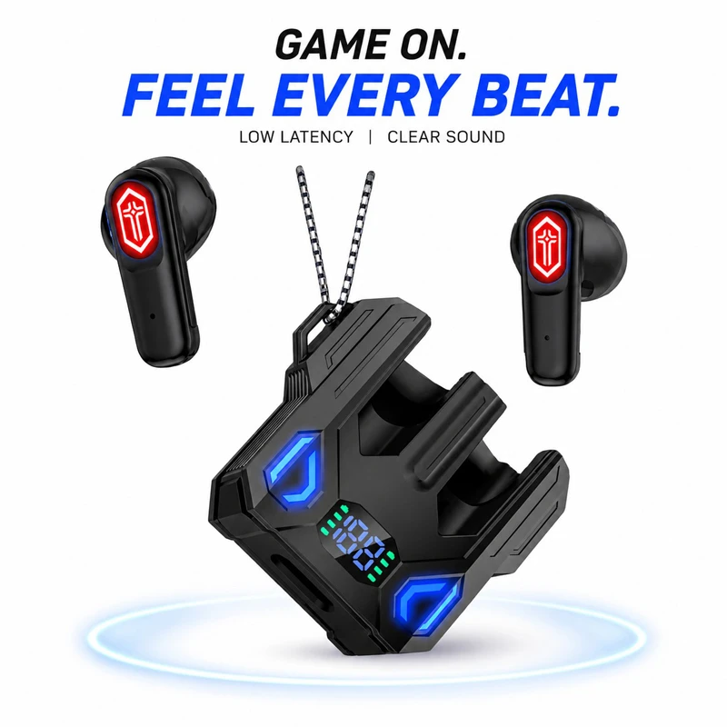Mecha Design Gaming TWS Earbuds with Low Latency Mode, Digital LED Display & Rich Bass