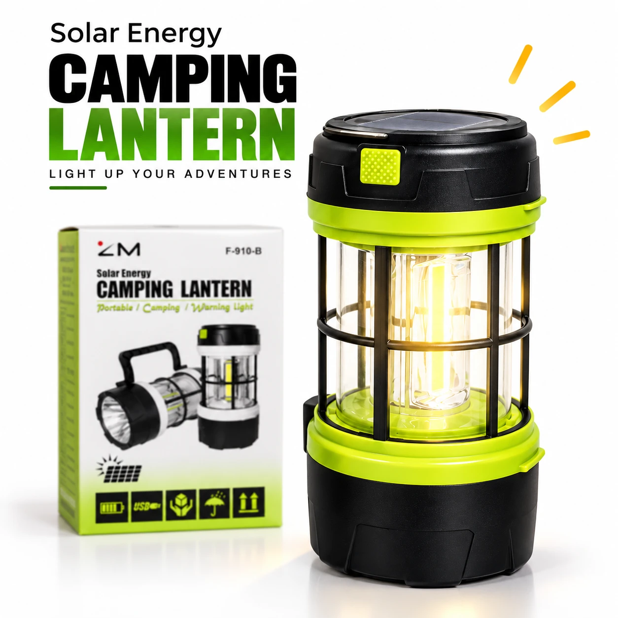 2-in-1 Solar Camping Lantern & Rechargeable LED Torch with Solar Panel, USB Charging & Hanging Handle