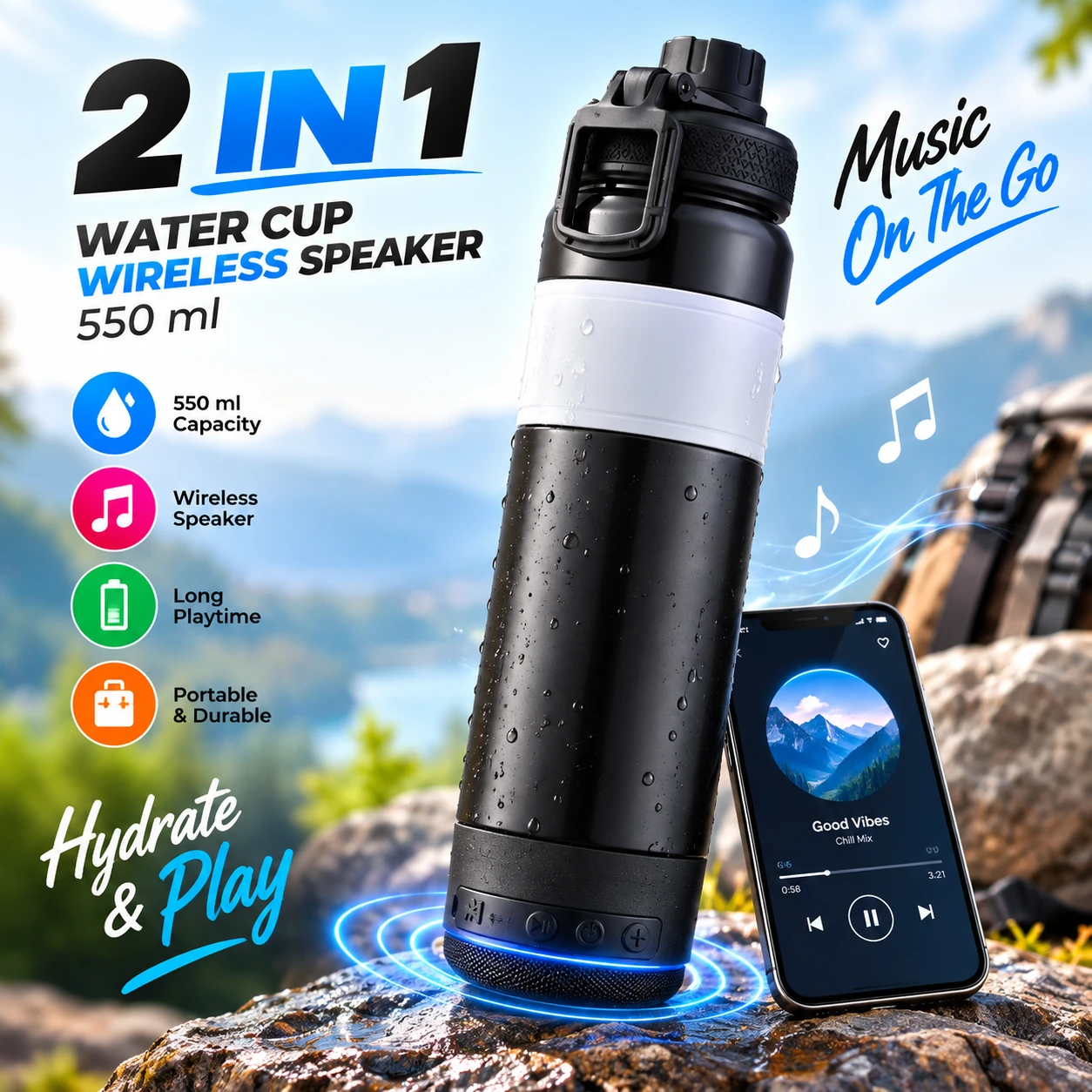 2-in-1 Portable Bluetooth Speaker Water Bottle 550ml – Detachable Speaker with Hand Strap