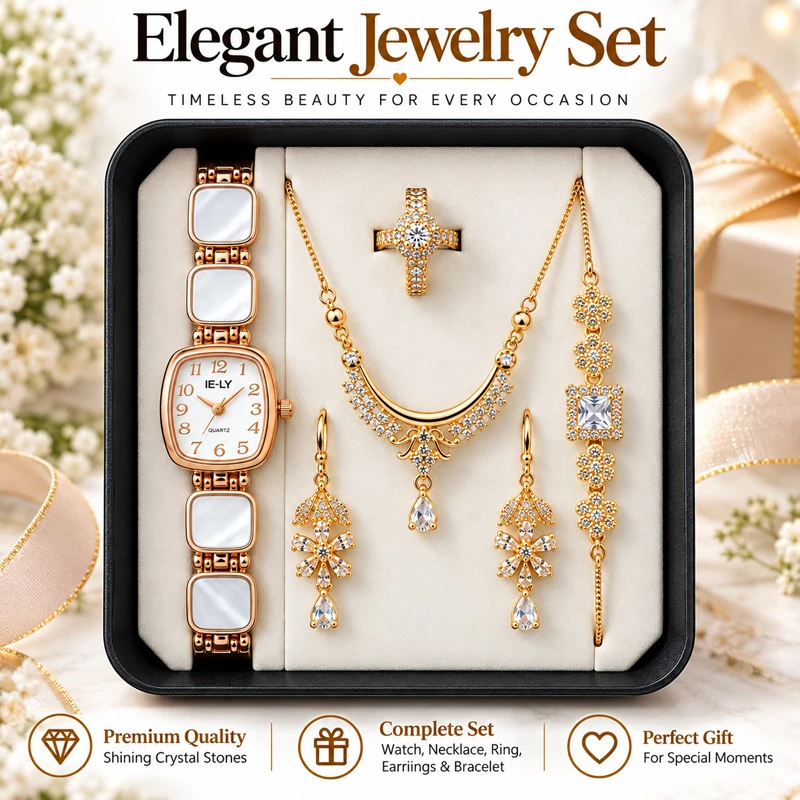 5 in 1 Ladies Watch & Jewelry Gift Set for Girls with Necklace, Earrings, Bracelet & Ring