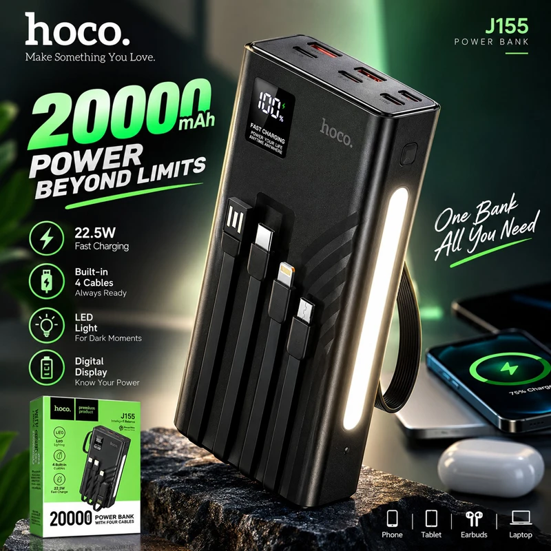 Hoco J155 Shine 20000mAh Power Bank 22.5W & PD 20W with 4 Built-in Cables, LED Light & Display