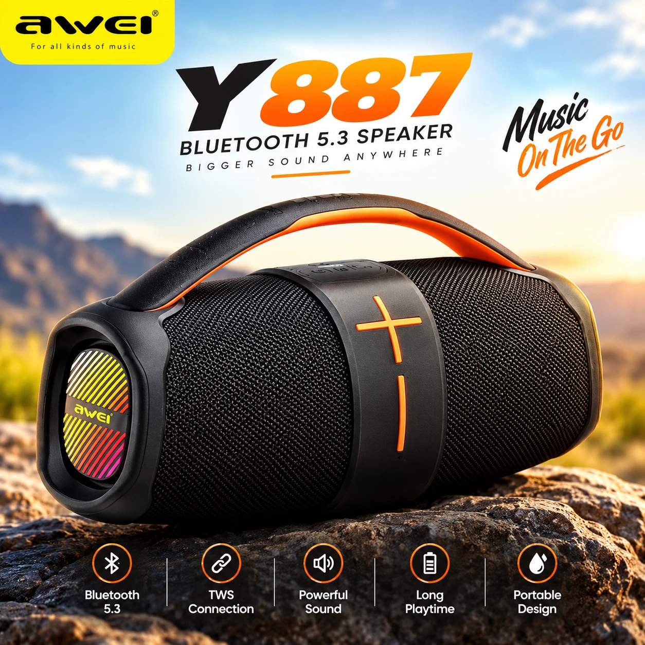 Awei Y887 Bluetooth Speaker – 20W Stereo, IPX5 Water Resistant, RGB Lights & 3600mAh Battery